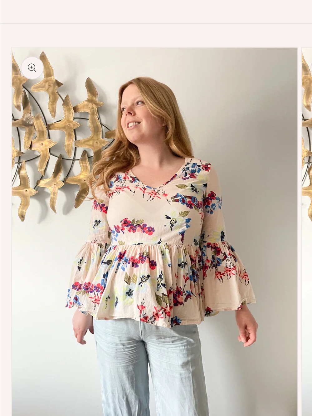 Jane and Delancy Floral Bell-Sleeve Peplum Top in Cream